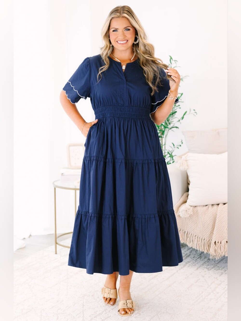 Smocked Waist Navy Maxi Dress with Scallop Sleeve